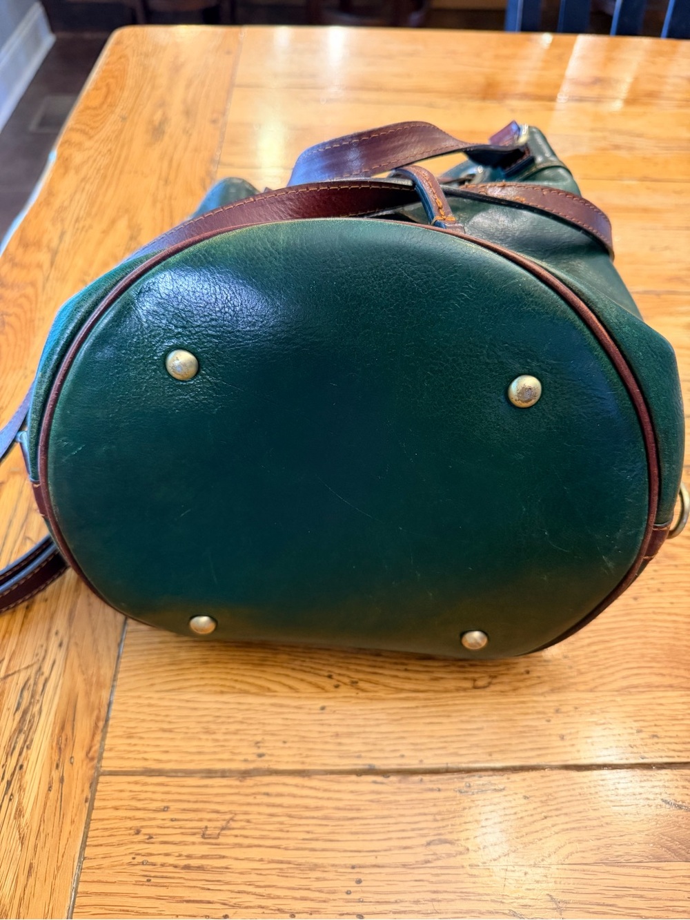 Time Resistance Green Italian Leather Drawstring Bucket Bag with Brown Trim - Picture 11 of 15